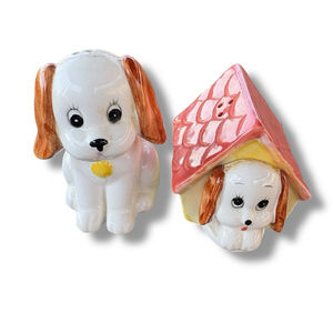 Vintage Lefton Porcelain Dog Puppy Salt Pepper Shakers Doghouse